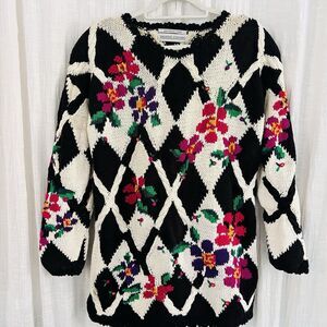 Vintage Valerie Stevens Stitched by Hand Floral Checkered Knitted Sweater L / XL
